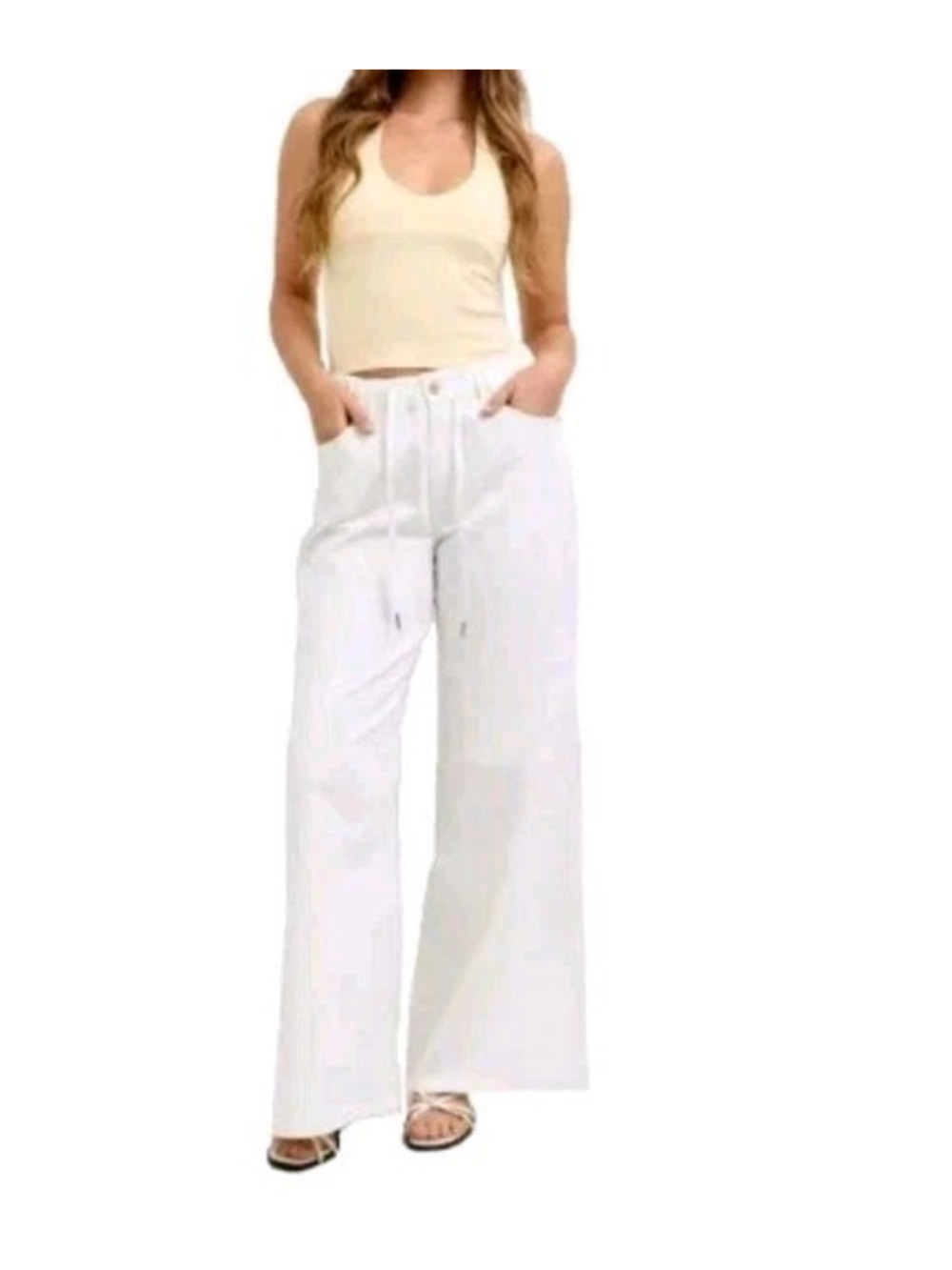 Judy Blue Jeans Womens 7/28 White High Rise Palazzo Wide Leg Drawstring Denim